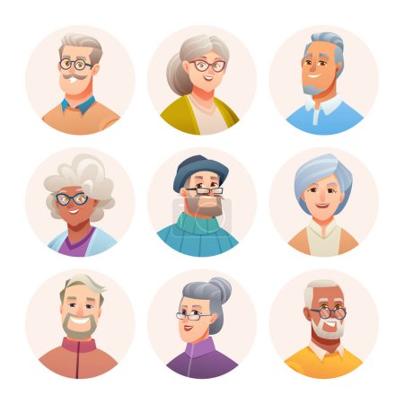 Illustration for Collection of elderly people avatar characters. Old humans avatars in cartoon style - Royalty Free Image