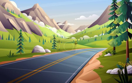 Illustration for Mountain road landscape illustration. Highway in valley through meadow and trees vector background - Royalty Free Image