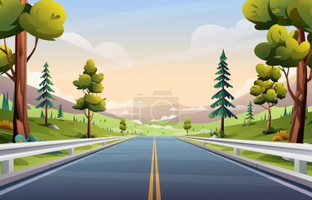 Straight road with railings through meadow and trees landscape illustration. Highway to nature vector background