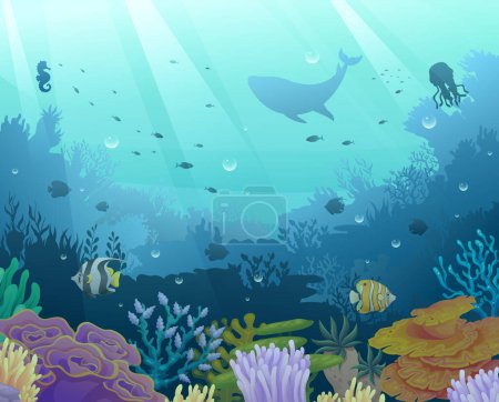 Téléchargez les photos : Illustration de vie sous-marine. Monde sous-marin avec des animaux marins et récifs coralliens fond silhouette - en image libre de droit