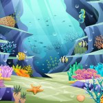 Undersea ocean world illustration. Underwater life with fishes and coral reefs on a blue sea background