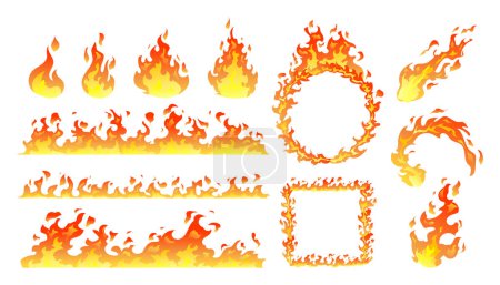 Ilustración de Colección de llamas de fuego, hoguera ardiente, bola de fuego, fuego salvaje de calor, ilustración de dibujos animados efecto ardiente - Imagen libre de derechos