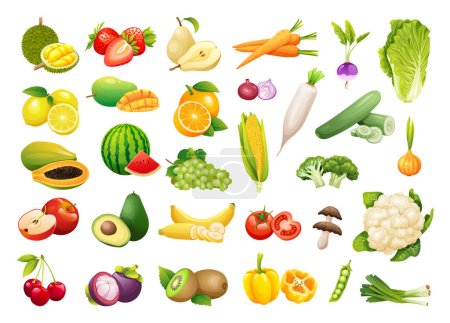 Téléchargez les illustrations : Collection de fruits et légumes frais dans le style dessin animé - en licence libre de droit
