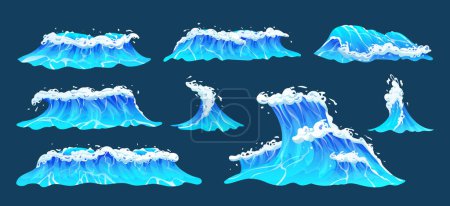 Téléchargez les illustrations : Collection de dessins animés sur l'océan. Ensemble de vagues marines bleues avec illustration vectorielle en mousse blanche - en licence libre de droit