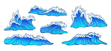 Illustration for Blue ocean waves with white foam collection. Sea waves, surf and water splashes Illustration set - Royalty Free Image