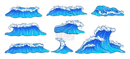 Téléchargez les illustrations : Dessin animé océan vagues ensemble. Collection de vagues marines bleues avec illustration vectorielle en mousse blanche - en licence libre de droit