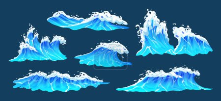 Illustration for Blue sea waves with white foam collection. Ocean waves, surf and water splashes Illustration set - Royalty Free Image