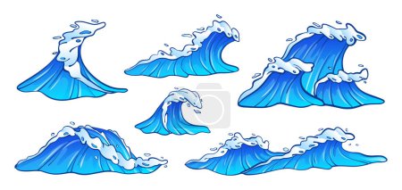 Illustration for Sea waves vector illustration collection. Set of blue ocean waves with white foam in cartoon style - Royalty Free Image