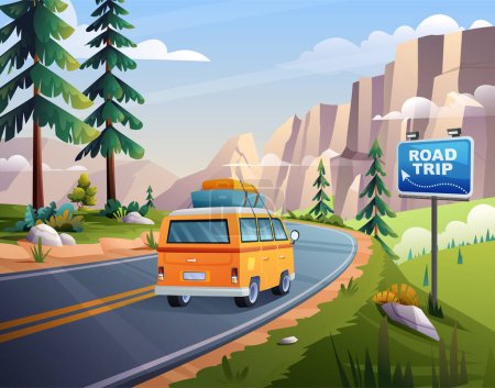 Téléchargez les illustrations : Road trip vacances en voiture sur autoroute de montagne avec falaises rocheuses voir concept dessin animé illustration - en licence libre de droit