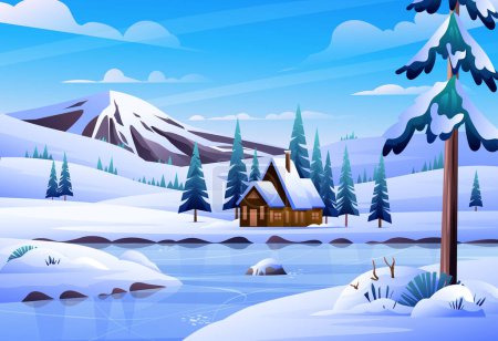 Téléchargez les illustrations : Paysage hivernal avec une maison, lac gelé et montagne fond dessin animé illustration - en licence libre de droit