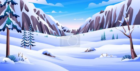 Winter snowy landscape with pines and rocky mountains background cartoon illustration
