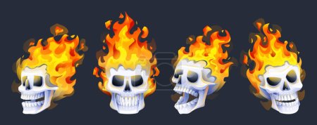 Ilustración de Colección de cabezas de cráneo ardiendo con ilustración de dibujos animados fuego - Imagen libre de derechos