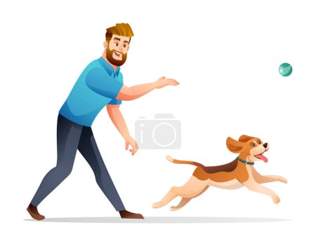 Ilustración de Alegre hombre jugando con su perro ilustración de dibujos animados - Imagen libre de derechos