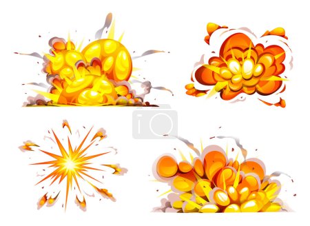 Illustration for Collection of bomb explosion with smoke, flame and particles isolated cartoon illustration - Royalty Free Image