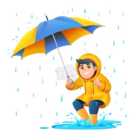 Illustration for Cheerful boy with umbrella playing puddle in the rain cartoon illustration - Royalty Free Image