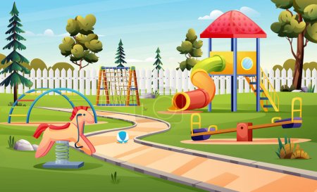 Téléchargez les illustrations : Aire de jeux pour enfants avec glissière tubulaire, échelle d'escalade et paysage de dessin animé - en licence libre de droit