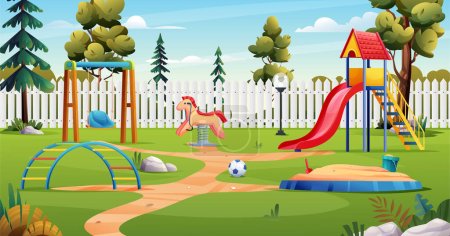 Parque infantil con tobogán, columpio, caja de arena y juguetes paisaje de dibujos animados
