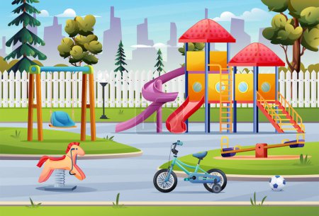 Kinderspielplatz öffentliche Parklandschaft mit Rutsche, Schaukel, Fahrrad und Spielzeug Cartoon Illustration