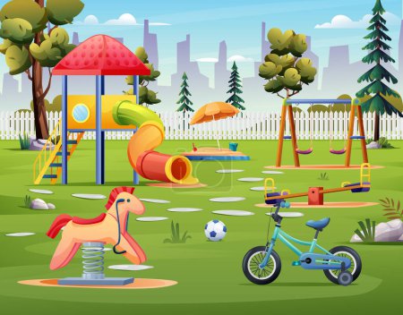 Téléchargez les illustrations : Aire de jeux pour enfants avec toboggan tubulaire, balançoire, vélo et balançoire illustration dessin animé - en licence libre de droit