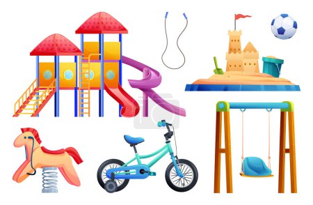 Illustration for Set of kids playground equipment with slide, swing, sandbox, bicycle and toys cartoon illustration - Royalty Free Image