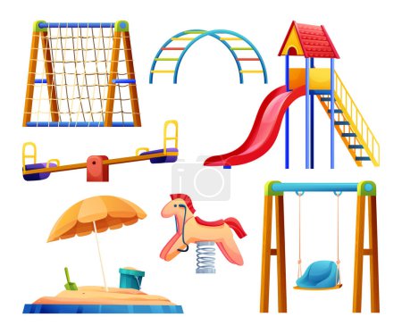 Téléchargez les illustrations : Ensemble d'illustration d'équipement de terrain de jeu pour enfants isolé sur fond blanc - en licence libre de droit