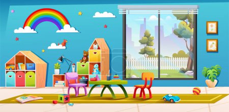 Téléchargez les illustrations : Dessin animé design d'intérieur de la classe maternelle avec jouets et meubles - en licence libre de droit