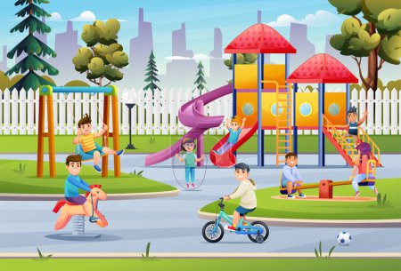 Téléchargez les illustrations : Enfants jouant sur l'aire de jeux avec toboggan, balançoire, vélo et illustration de dessin animé - en licence libre de droit