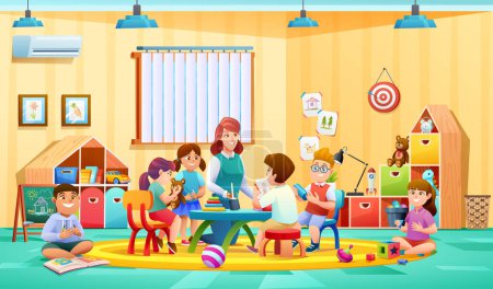 Ilustración de Actividad del maestro y los niños en el jardín de infantes ilustración vectorial aula - Imagen libre de derechos