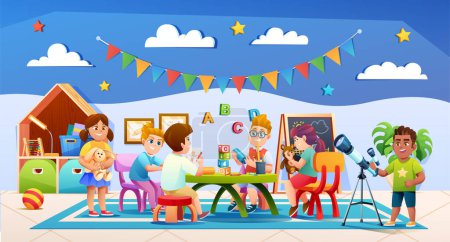 Téléchargez les illustrations : Enfants joyeux jouant ensemble dans l'illustration vectorielle de classe maternelle - en licence libre de droit