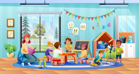 Ilustración de Profesor y niños actividad en el jardín de infantes ilustración vectorial aula - Imagen libre de derechos