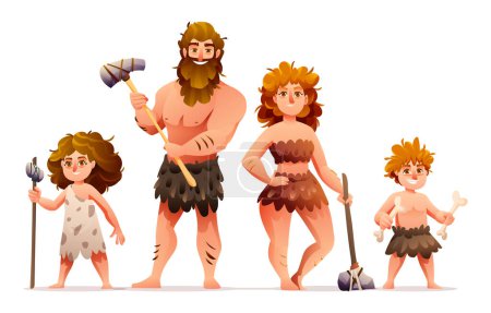 Ilustración de Personajes primitivos de la gente. ilustración de vectores de la familia de cavernícolas edad de piedra prehistórica - Imagen libre de derechos
