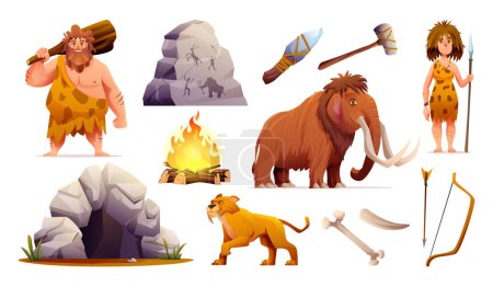 Illustration for Set of prehistoric stone age people, tools and ancient wild animals cartoon illustration - Royalty Free Image