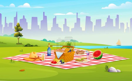 Ilustración de Picnic conjunto compuesto de cesta con comida, frutas, sándwiches en el parque vector ilustración - Imagen libre de derechos