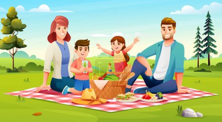 Illustration for Happy family having a picnic in the park. Dad, mom, son, daughter are resting together in nature vector illustration - Royalty Free Image