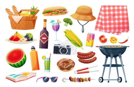 Ilustración de Colección de elementos de picnic. Cesta con alimentos, bebidas, frutas, equipo de parrilla vector ilustración - Imagen libre de derechos