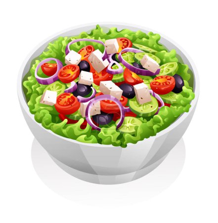 Téléchargez les illustrations : Salade avec illustration vectorielle fromage et légumes frais. Salade grecque - en licence libre de droit
