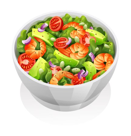 Illustration for Healthy salad with shrimps, avocado and fresh vegetables vector illustration - Royalty Free Image