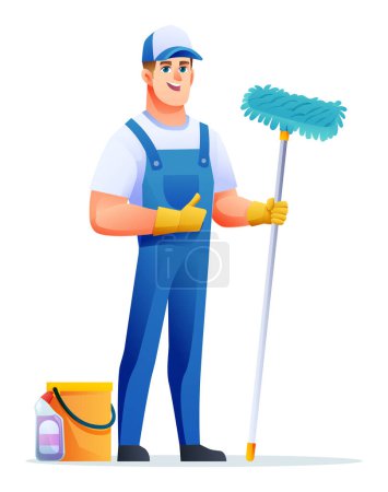 Illustration for Cheerful cleaning man with mop and bucket. Male janitor cartoon character - Royalty Free Image