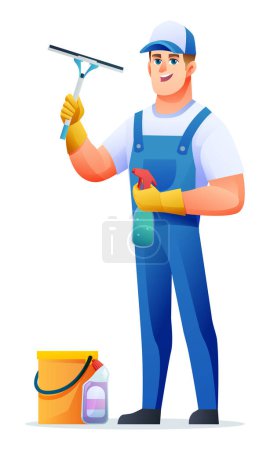 Illustration for Cleaning service man holding window cleaning tools. Male janitor cartoon character - Royalty Free Image