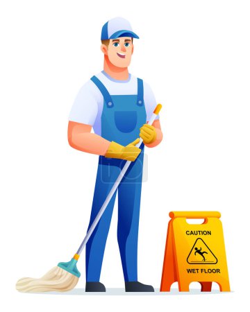 Illustration for Cheerful cleaning service man with mop. Male janitor cartoon character - Royalty Free Image