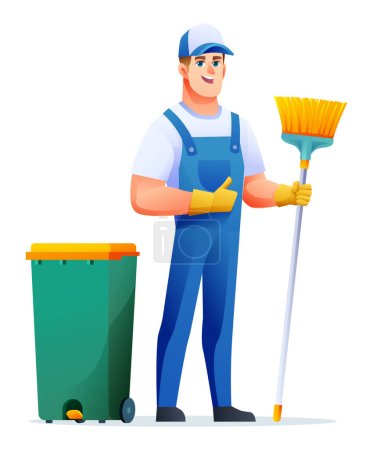 Illustration for Male cleaning service with broom and trash can. Man janitor cartoon character - Royalty Free Image