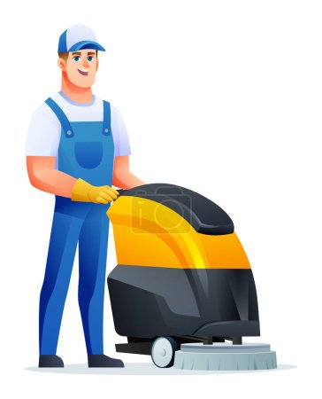 Illustration for Cleaning service man with scrubber machine. Male janitor cartoon character - Royalty Free Image