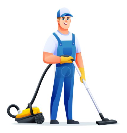 Illustration for Cleaning service man with vacuum cleaner. Male janitor cartoon character - Royalty Free Image