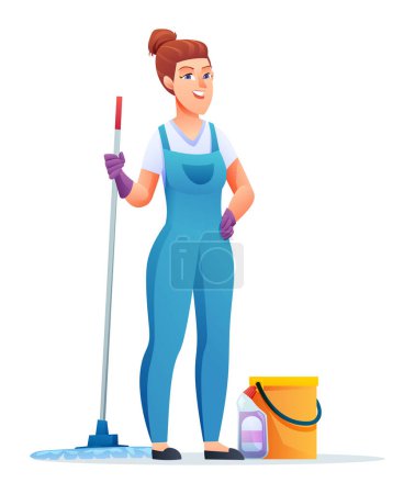 Illustration for Cleaning service woman with mop and bucket. Female janitor cartoon character - Royalty Free Image