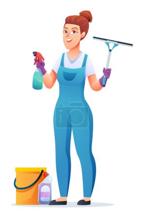 Illustration for Cleaning service woman holding window cleaning tools. Female janitor cartoon character - Royalty Free Image