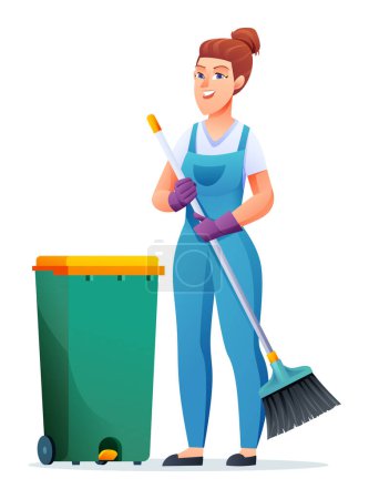 Ilustración de Mujer de limpieza alegre con escoba y bote de basura. Personaje de dibujos animados de conserje femenino - Imagen libre de derechos