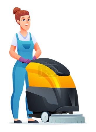 Illustration for Cleaning service woman with scrubber machine. Female janitor cartoon character - Royalty Free Image
