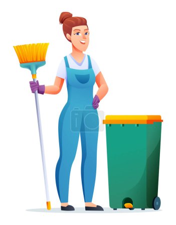 Ilustración de Servicio de limpieza mujer con escoba y bote de basura. Personaje de dibujos animados de conserje femenino - Imagen libre de derechos