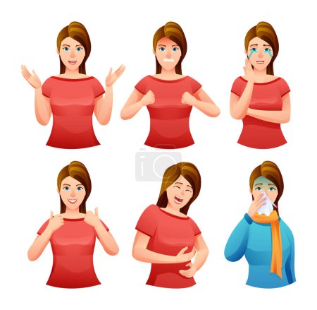 Illustration for Set of woman in different expressions and situations vector illustration - Royalty Free Image