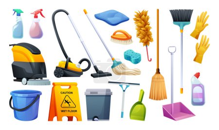 Ilustración de Conjunto de equipo de limpieza. Herramientas de limpieza de casas aisladas sobre fondo blanco - Imagen libre de derechos
